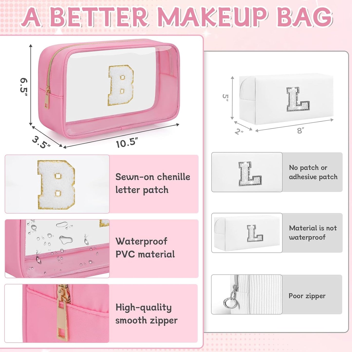 Personalized Initial Clear Makeup Bag, Travel Chenille Patch Cosmetic Bag, Preppy Toiletry Bag Monogram Cosmetic Pouch with Zipper, Ideal Gift for Teen Girls Women (Clear-Pink, B)
