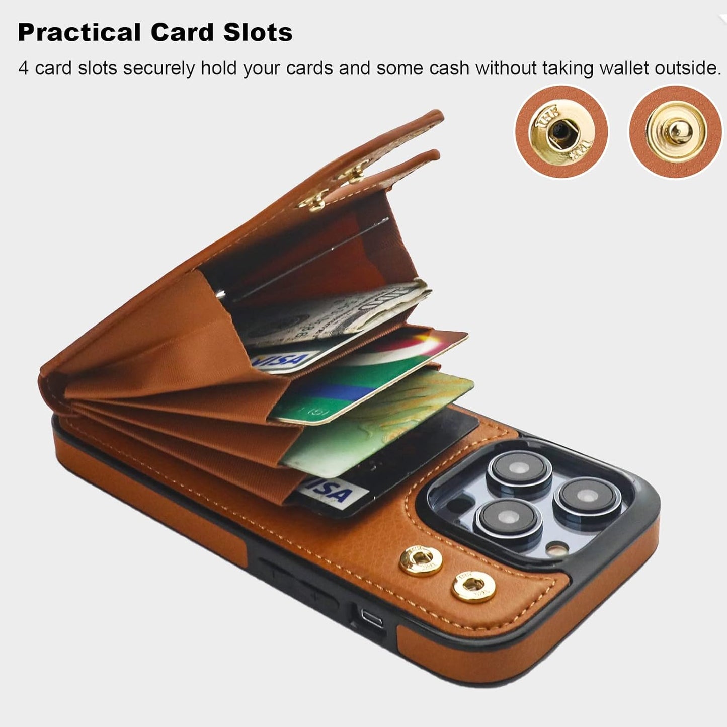 Folosu Compatible with iPhone 14 Pro Case Wallet with Card Holder, 360°Rotation Finger Ring Holder Kickstand, RFID Blocking Leather Protective Double Buttons Shockproof Cover 6.1 Inch Brown