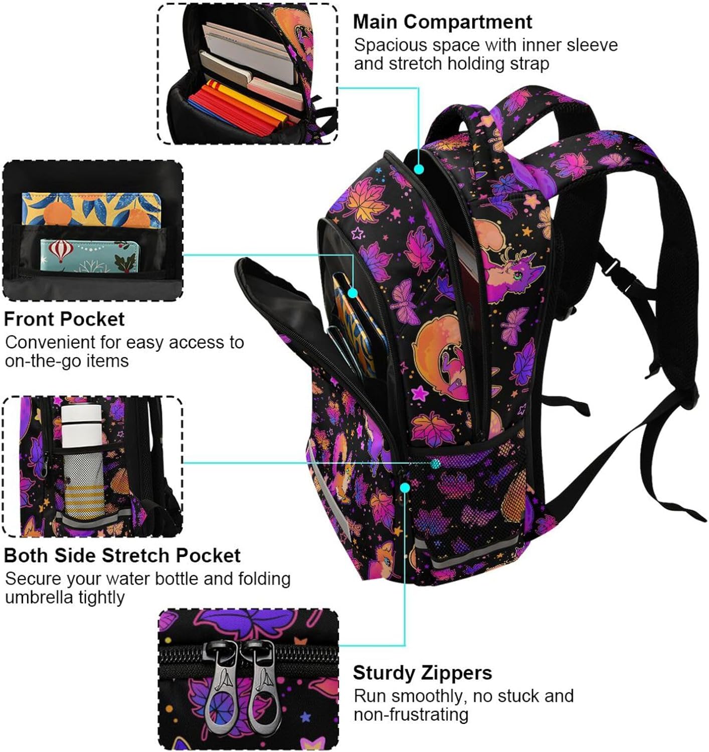 Purple Psychedelic Fox Cat Backpack Boys Girls Bookbag Elementary School Bag Kids Travel Rucksack