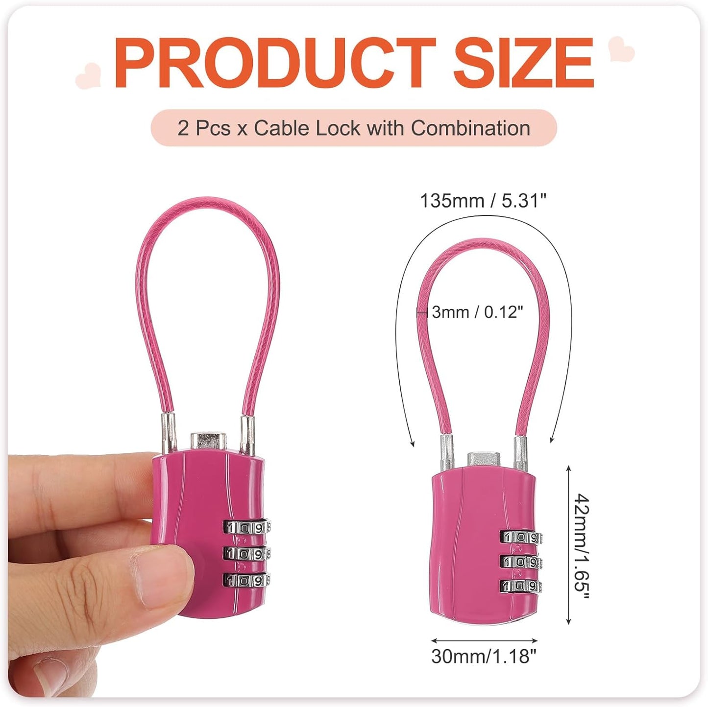 MECCANIXITY 2 Pcs Luggage Travel Lock, 3 Digit Cable Combination Lock 1-3/16" Width Body with 5" Long Cable for Suitcase Bag Cabinets Small Fences Gym, Rose