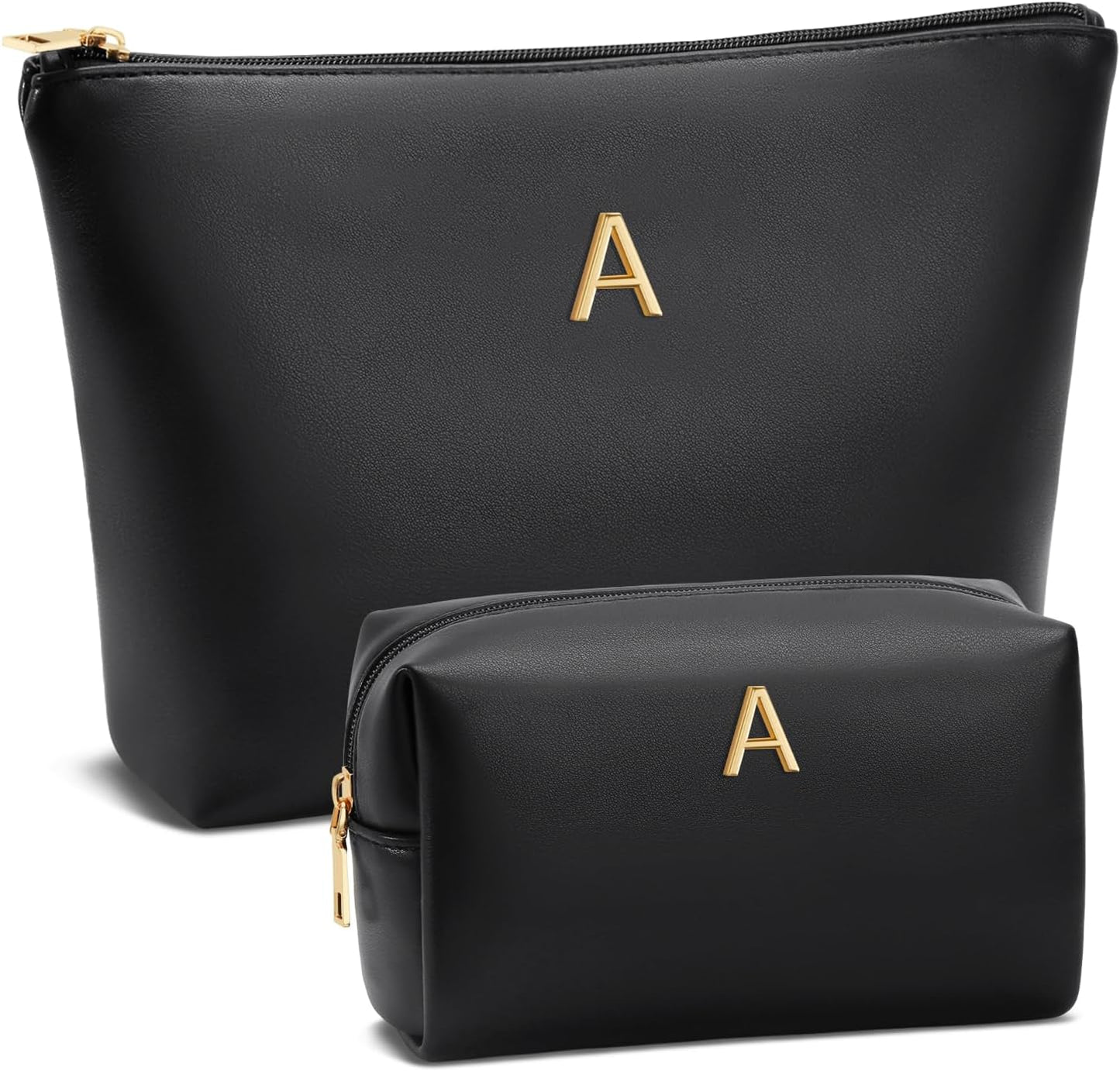 Women Gifts | Initial Makeup Bag Set for Girl Personalized Gifts for Bridesmaid Friend Graduation Teachers PU Leather Cosmetic Travel Toiletry Bag(Black,A)