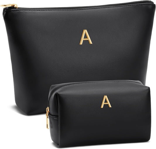 Women Gifts | Initial Makeup Bag Set for Girl Personalized Gifts for Bridesmaid Friend Graduation Teachers PU Leather Cosmetic Travel Toiletry Bag(Black,A)