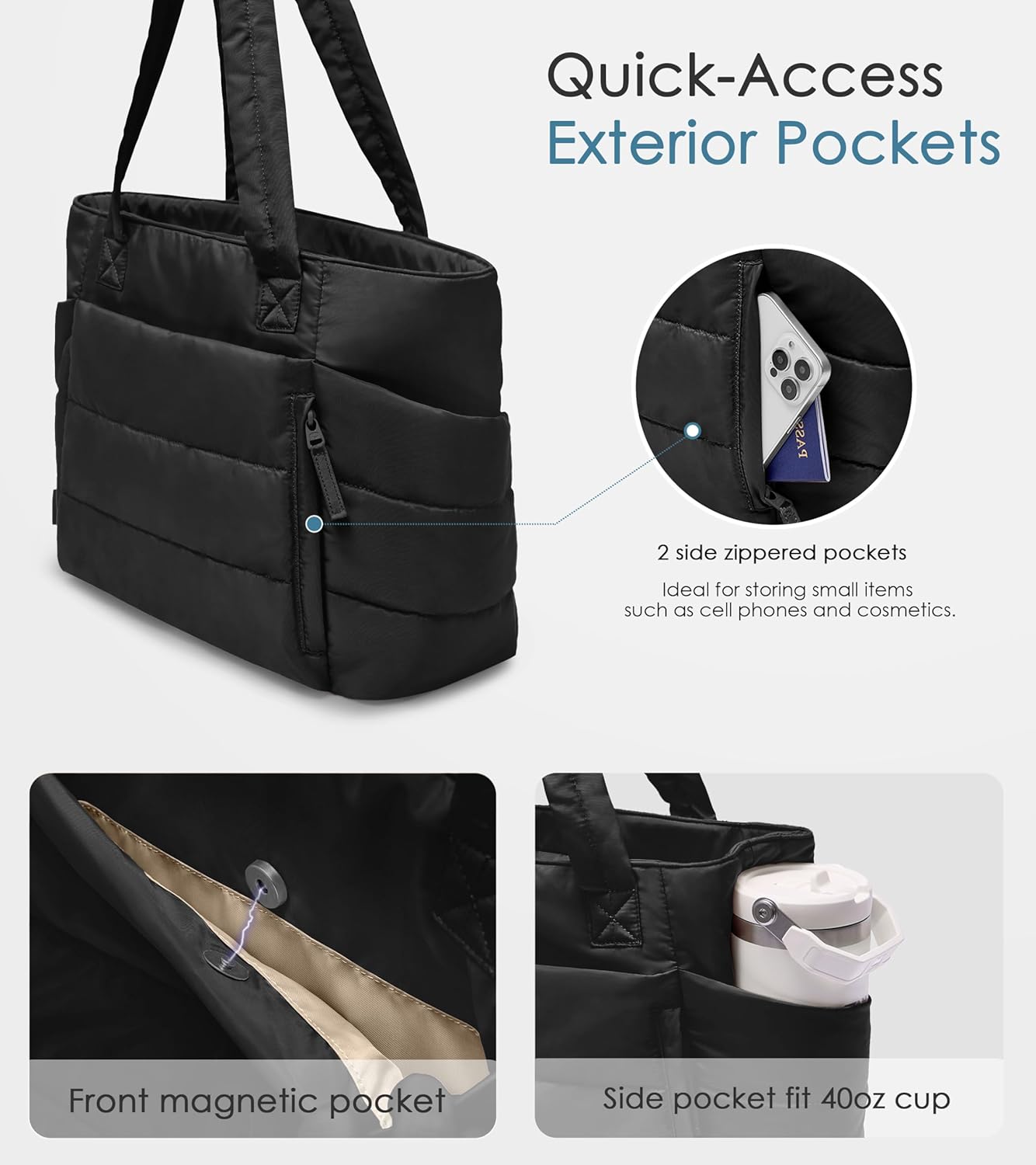 Tote Bag for Women with Zipper, Quilted Puffer Tote Bag with Compartments, Lightweight Puffy Work Bags for Women Travel