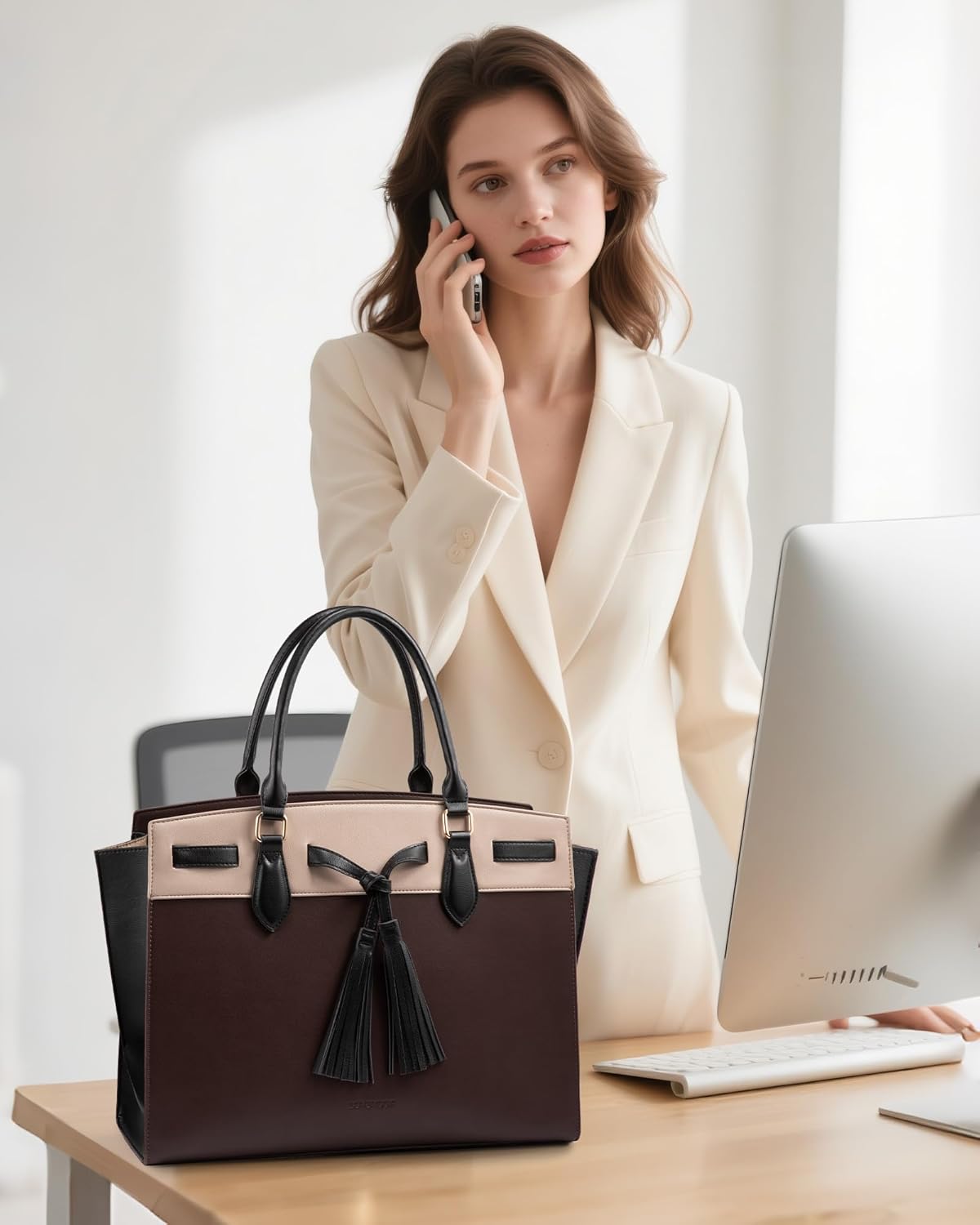 LOVEVOOK Laptop Bag for Women,Work Tote Bag with Large Cup Holder,Leather Computer Bag Teacher Bag Handbag Gifts for Women