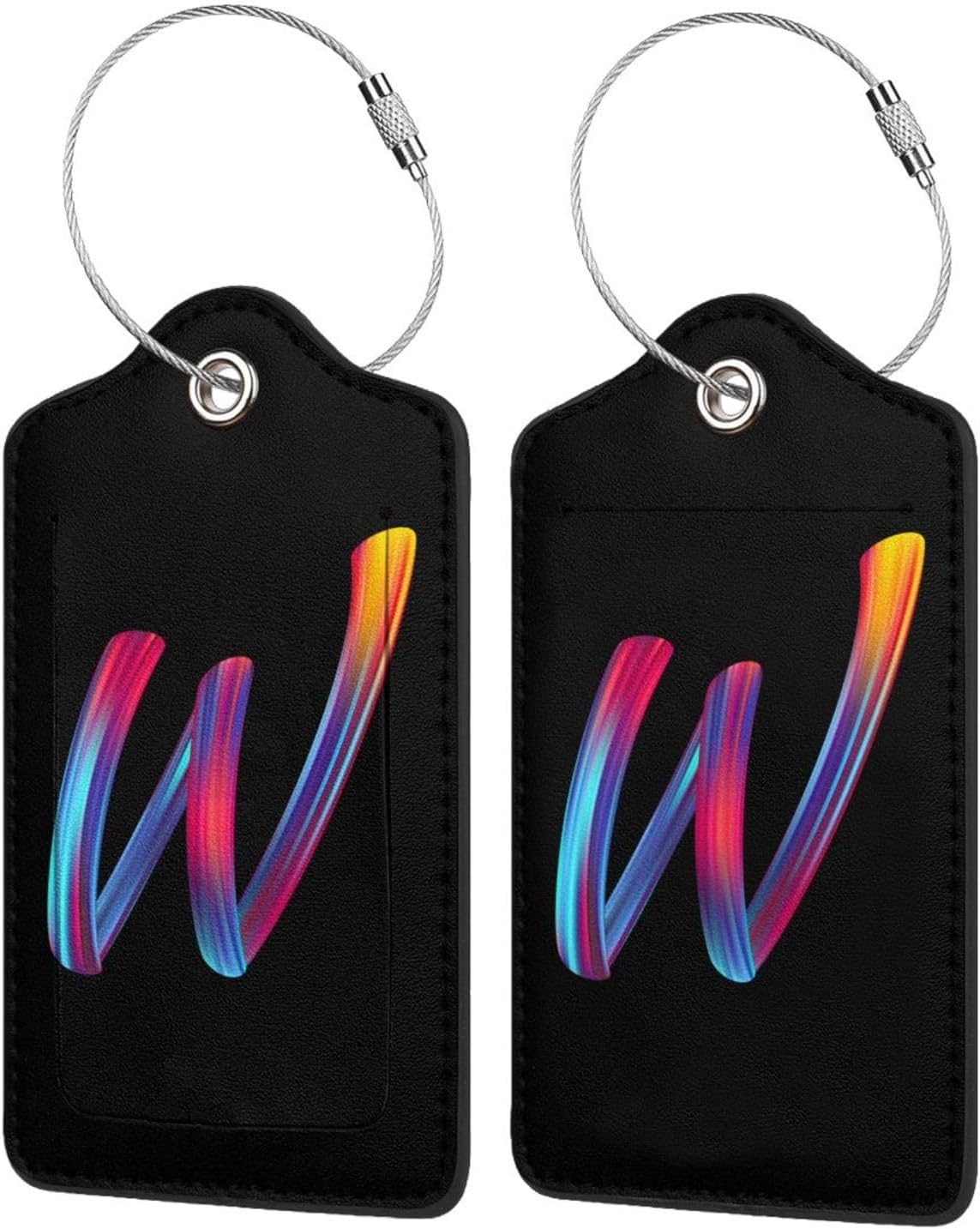 2 Pack Initial Luggage Tags for Suitcase, Colorful Letter Design Cruise Name Bag Tags, Novelty Baggage Identifiers with Full Privacy Cover, Leather ID Label for Women Men Kids Travel, Rainbow Letter W