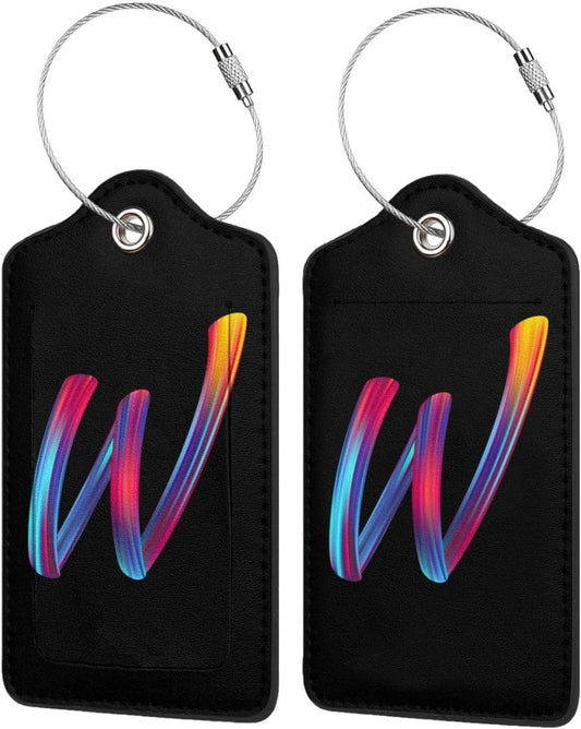 2 Pack Initial Luggage Tags for Suitcase, Colorful Letter Design Cruise Name Bag Tags, Novelty Baggage Identifiers with Full Privacy Cover, Leather ID Label for Women Men Kids Travel, Rainbow Letter W