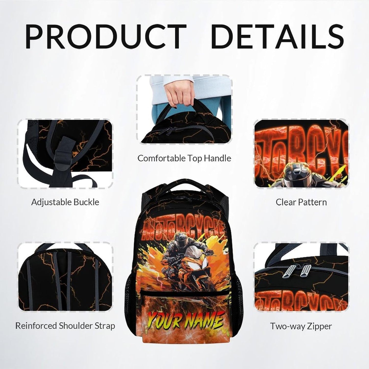 Boys Backpack Set, Personalized Kids Backpack with Lunch Box, Motorcycle Bookbag for School, 17 Inch Custom Car Bookbag, Durable School Supplies