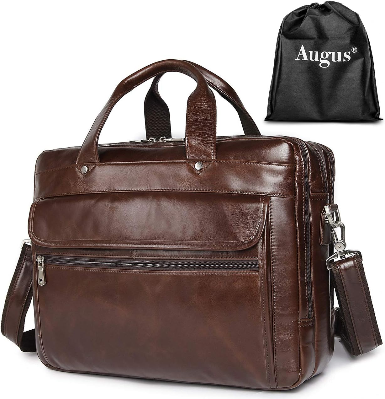 Augus Genuine Leather Mens Briefcase businessTravel Bags 15.6 Inch Laptop Bag YKK Zipper, Coffee