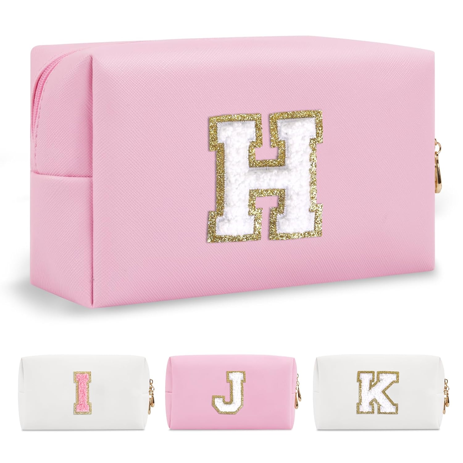 Personalized Initial A-Z Preppy Patch Makeup Bag,Small PU Chenille Letter Cosmetic Bag with Zipper