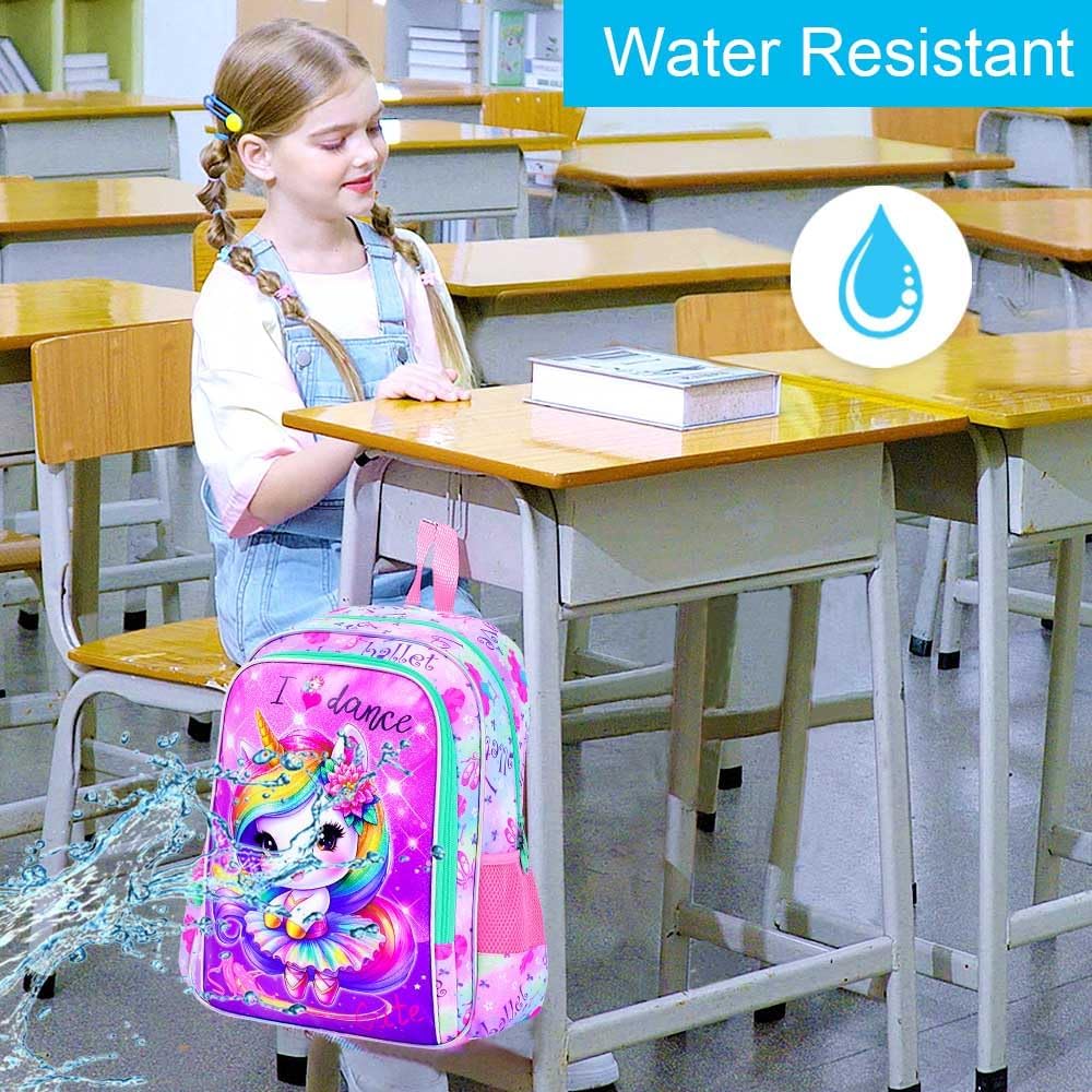 CCJPX 3PCS Unicorn Backpack for Girls, 16 Inch Kids Water Resistant Preschool Bookbags with Lunch Box, Cute Ballet Elementary School Backpacks for Kindergarten Toddler Travel