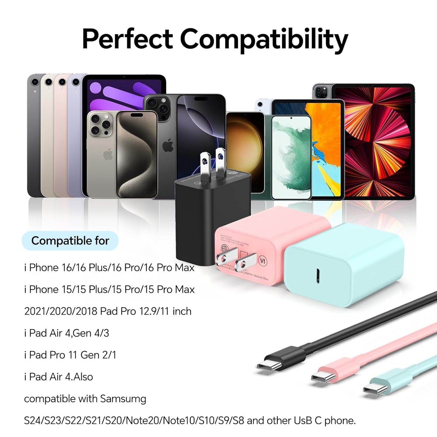 Compatible with iPhone16/15 Charger Fast Charging, 3 Pack 20W USB C Colorful Charger Block with 10 FT USB-C to C Cable for Phone16 15 Pro/Plus/Pro Max,Pad Pro 12.9/11 inch,Pad Air 5th-Pink/Green/Black