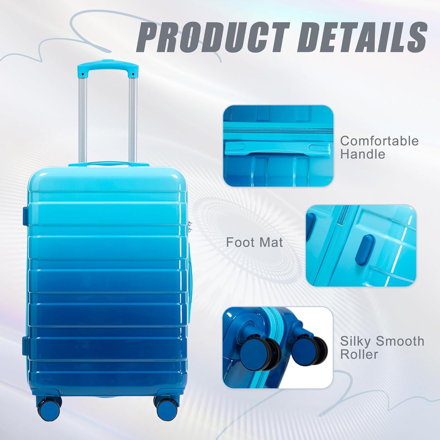 Campfun 3 Piece Luggage Sets, PC Gradient Color Suitcase Set with Double Spinner Wheels Hang Hook, Durable Carry On Luggage with Combination Lock, 20/24/28 inch, Light Blue+Navy