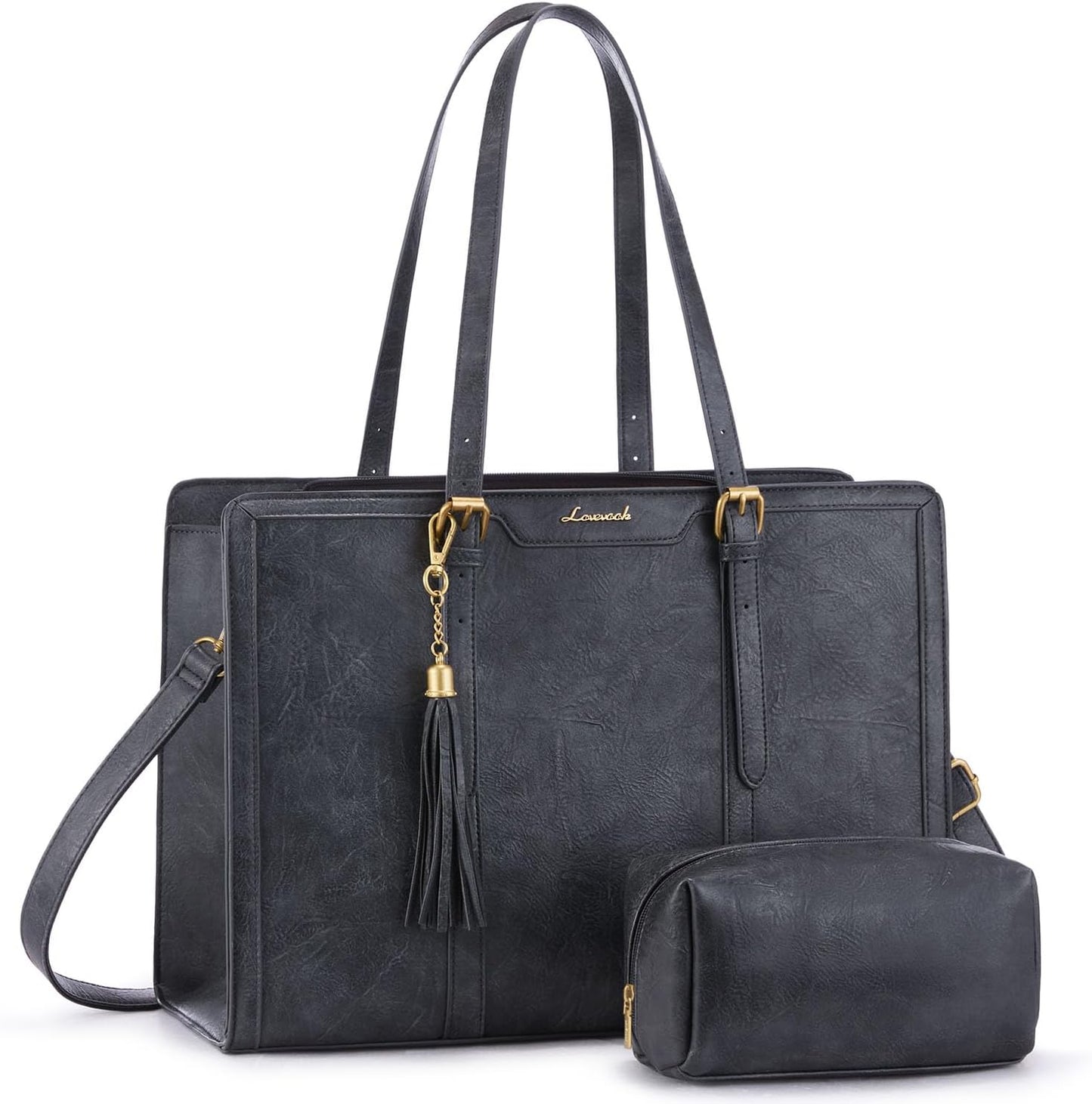 LOVEVOOK Laptop Bag for Women Vintage Leather Work Tote 15.6 inch Large Capacity Computer bag with Clutch Purse for Office, Travel, Casual