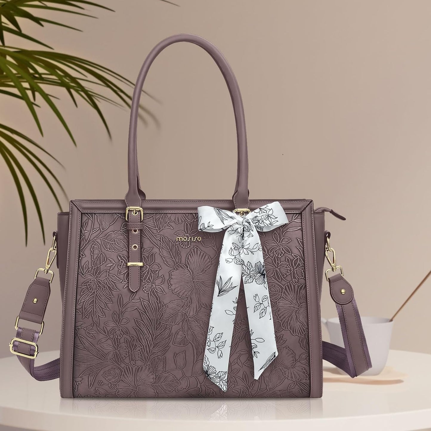 MOSISO Laptop Bag for Women, PU Leather Tote Bag, Front Embossed Retro Hibiscus Computer Bags with Silk Scarf&Clutch Purse