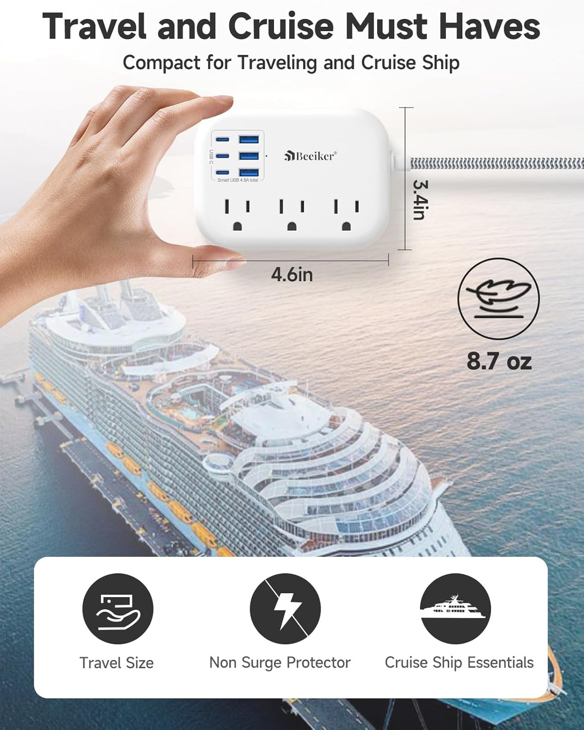 6 USB(3 USB C) Power Strip- Travel Power Strip with 6 USB Desktop Charging Station 24W/4.8A and 3 Outlets, 5Ft Flat Plug Braided Extension Cord, Non Surge Protector for Cruise Ship Travel Office Dorm