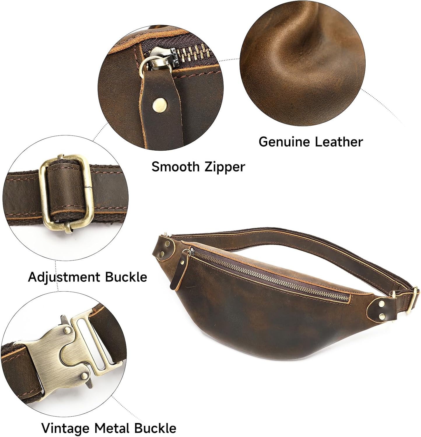 Vintage Genuine Leather Fanny Pack Small Waist Bag Travel Sling Pouch with Adjustable Leather Belt Coffee
