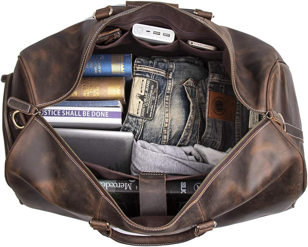 Leather Travel Luggage Bag, Mens Duffle Retro Carry on Handbag(Dark Browm, 24 Inch)