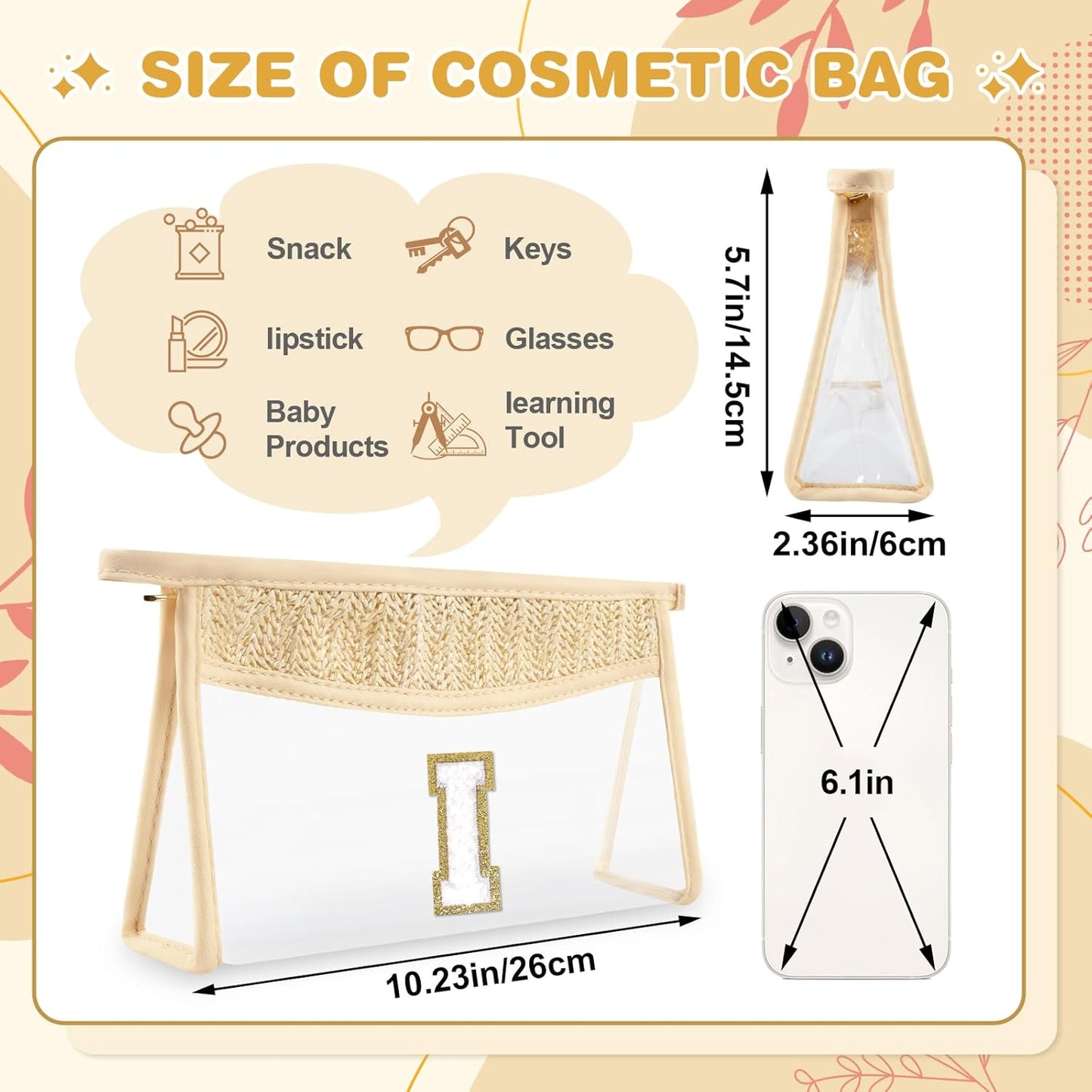 Personalized Initial Letter Bag Boho Straw Clear Makeup Bag,Small Cute Chenille Varsity Letter Pouch With Zipper,Beach Travel Toiletry,Portable Monogrammed Cosmetic Bag for Women Girls,I
