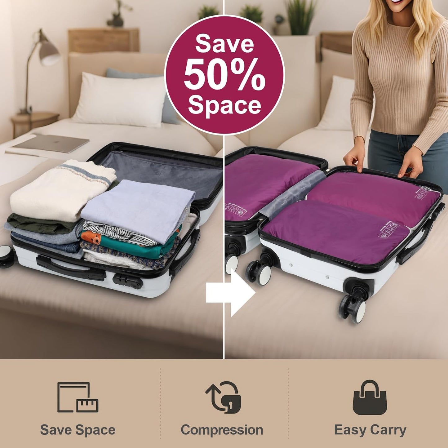 Cambond Compression Packing Cubes for Travel Women - Travel Bags Luggage Organizers Travel Essentials Compression Cubes for Travel Carry on Suitcases Organizer