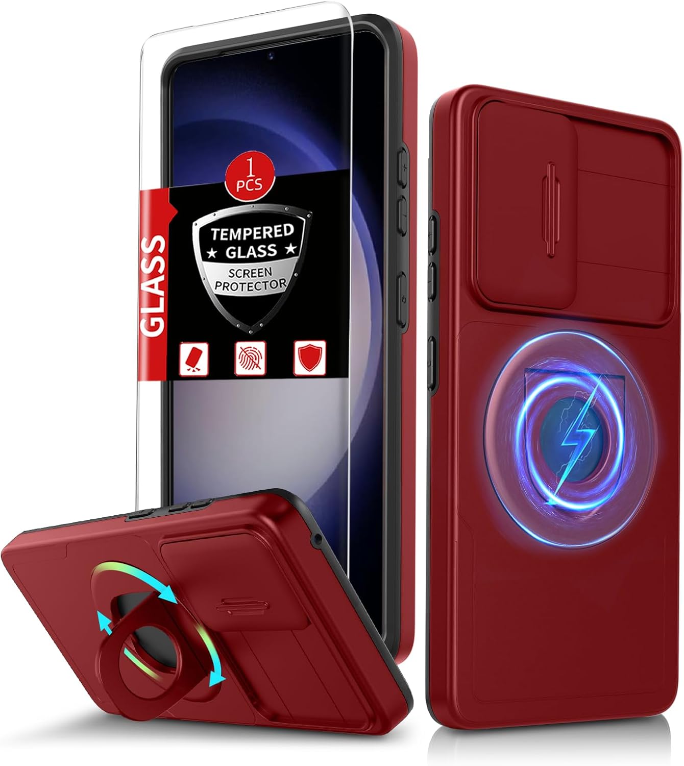 for Samsung Galaxy S23 Plus Case Magnetic Compatible with MagSafe Wireless Charging,with Screen Protector,for S23+Plus Case with Stand Ring+Camera Cover Shockproof Heavy Duty Protection Red