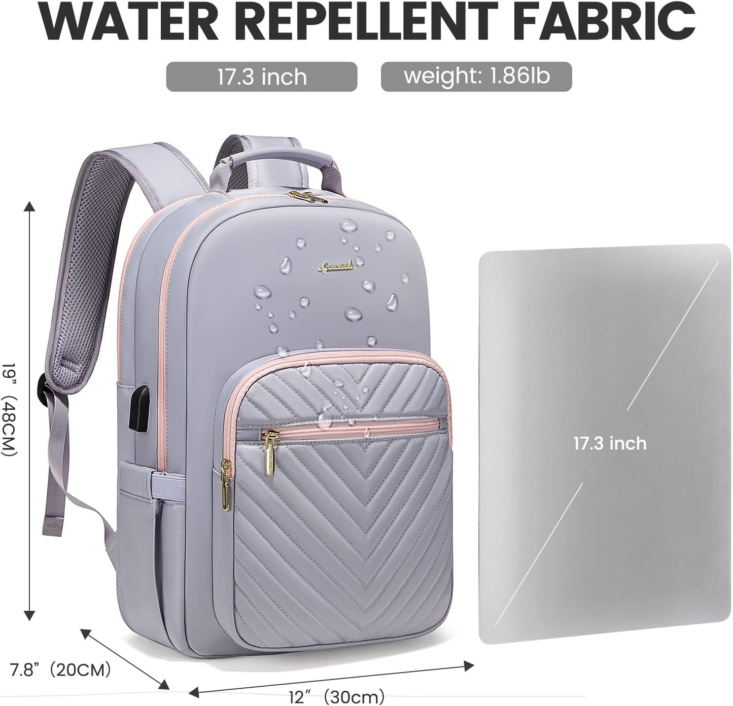 LOVEVOOK Laptop Backpack for Women 17.3 inch,Cute Womens Travel Backpack Purse,Professional Laptop Computer Bag,Waterproof Work Business College Teacher Bags Carry on Backpack with USB Port,Grey Pink