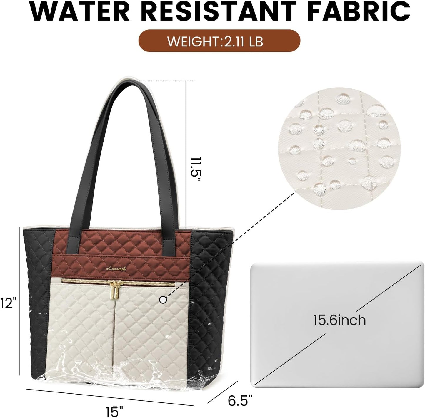 LOVEVOOK Laptop Bag for Women 15.6 inch,Diamond Quilted Work Tote Bags Womens Computer Shoulder Bags,Stylish Travel Tote Bags Laptop Purse Briefcase Handbag with Clutch Purse,Brown-Black-White
