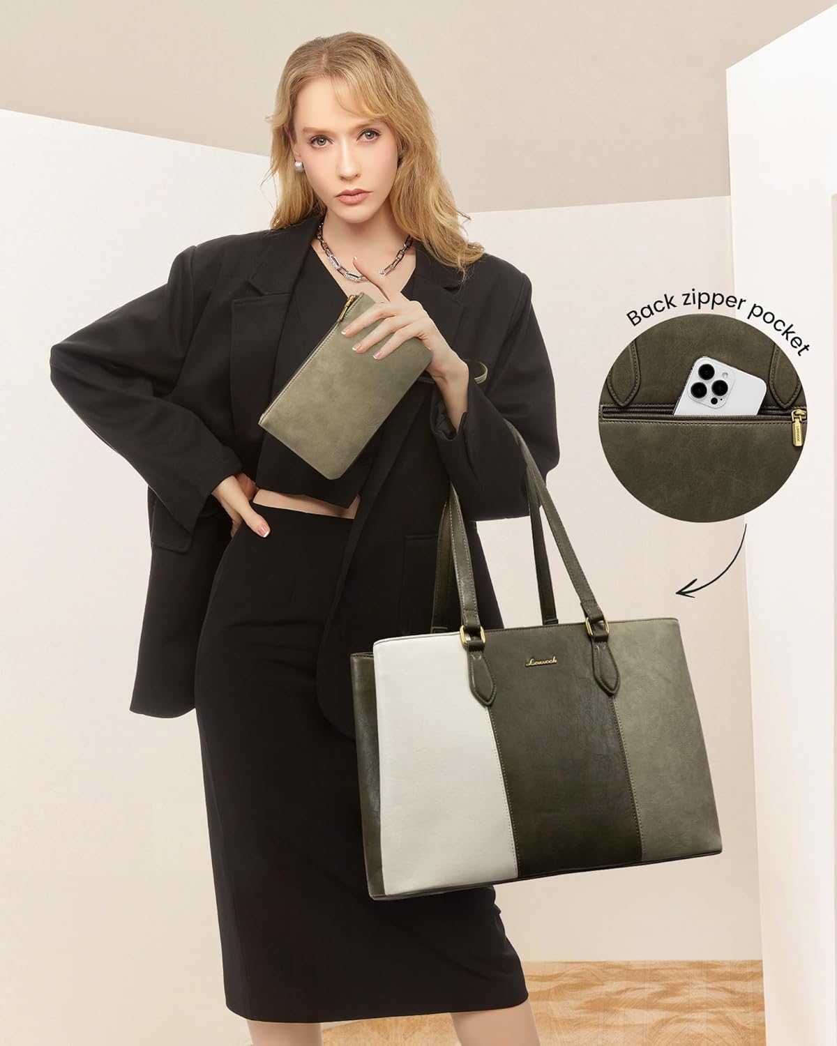 LOVEVOOK Laptop Tote Bag for Women,Work Tote with Wristlet,PU Leather Computer Bag for Teacher,Office, Daily