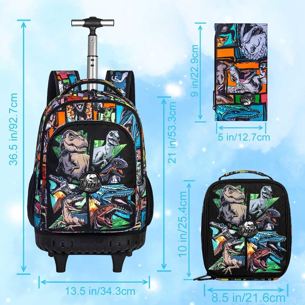 3PCS Rolling Backpack for Boys, 21 Inch Water Resistant Dinosaur Backpacks with Roller Wheels, Wheeled Bookbag for Teens Boys Elementary School Travel