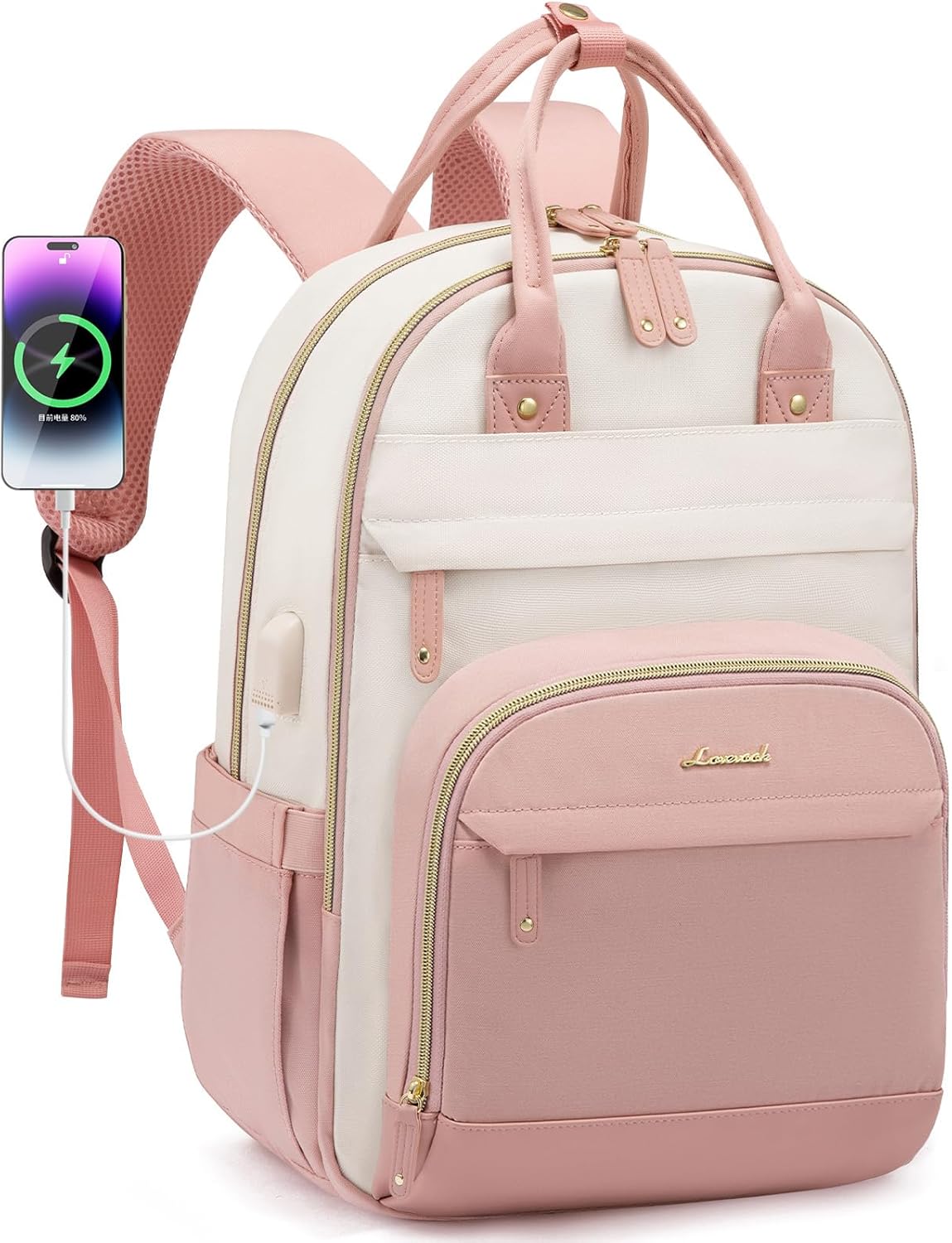 LOVEVOOK Backpack for Women,Laptop Backpack Women,Fits 15.6 Inch Laptop Bag,School Backpacks,Fashion Travel Work Anti-theft Bag,Waterproof Business Computer College Backpack Purse,Beige-Pink-Pink