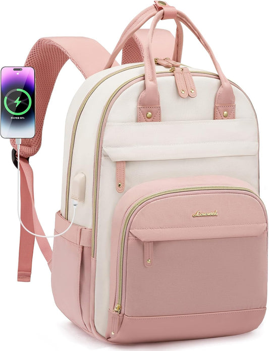 LOVEVOOK Backpack for Women,Laptop Backpack Women,Fits 15.6 Inch Laptop Bag,School Backpacks,Fashion Travel Work Anti-theft Bag,Waterproof Business Computer College Backpack Purse,Beige-Pink-Pink