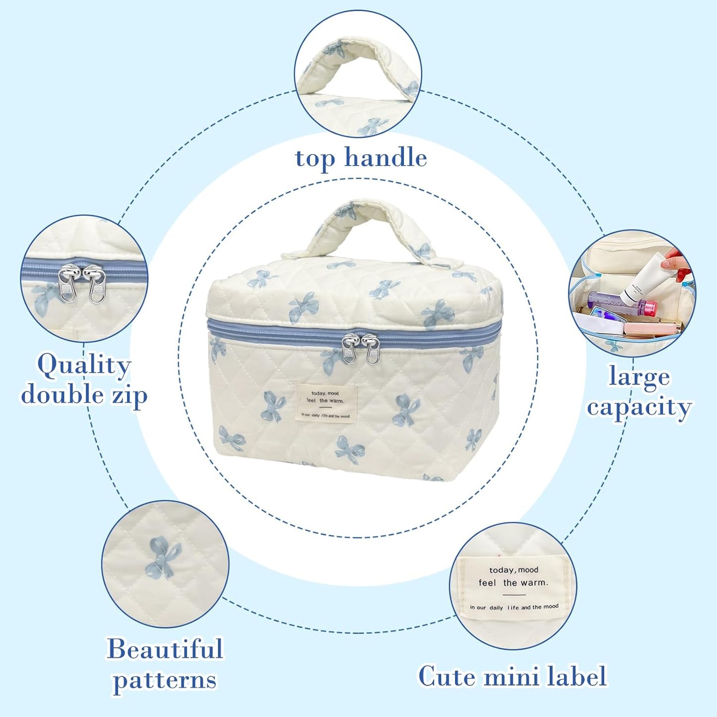 Quilted Makeup Bag, Large Capacity Travel Cosmetic Bag for Women and Girls, Aesthetic Storage for Daily and Travel Use (Bow Quilted)