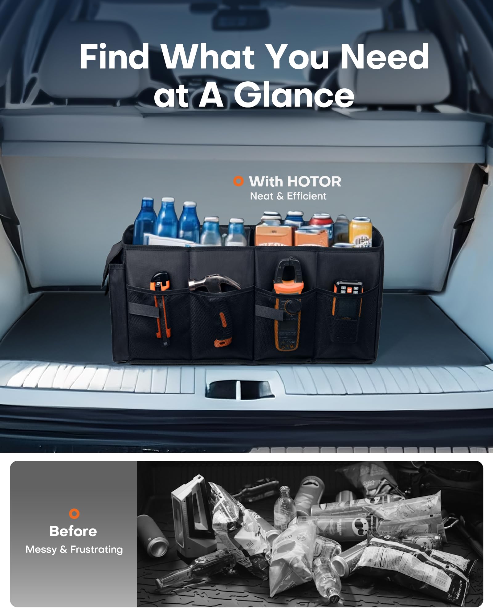 HOTOR Trunk Organizer - Foldable Car Organizer for SUVs & Sedans Storage