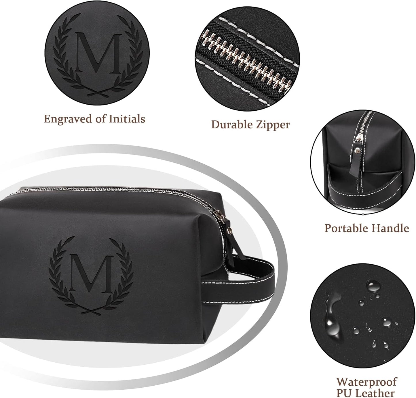 Personalized Gifts Travel Toiletry Bag for Men Engraved Initial PU Leather Waterproof Shaving Bag for Toiletries Accessories Fathers Day Birthday Gift for Men Dad Husband Son, Black R