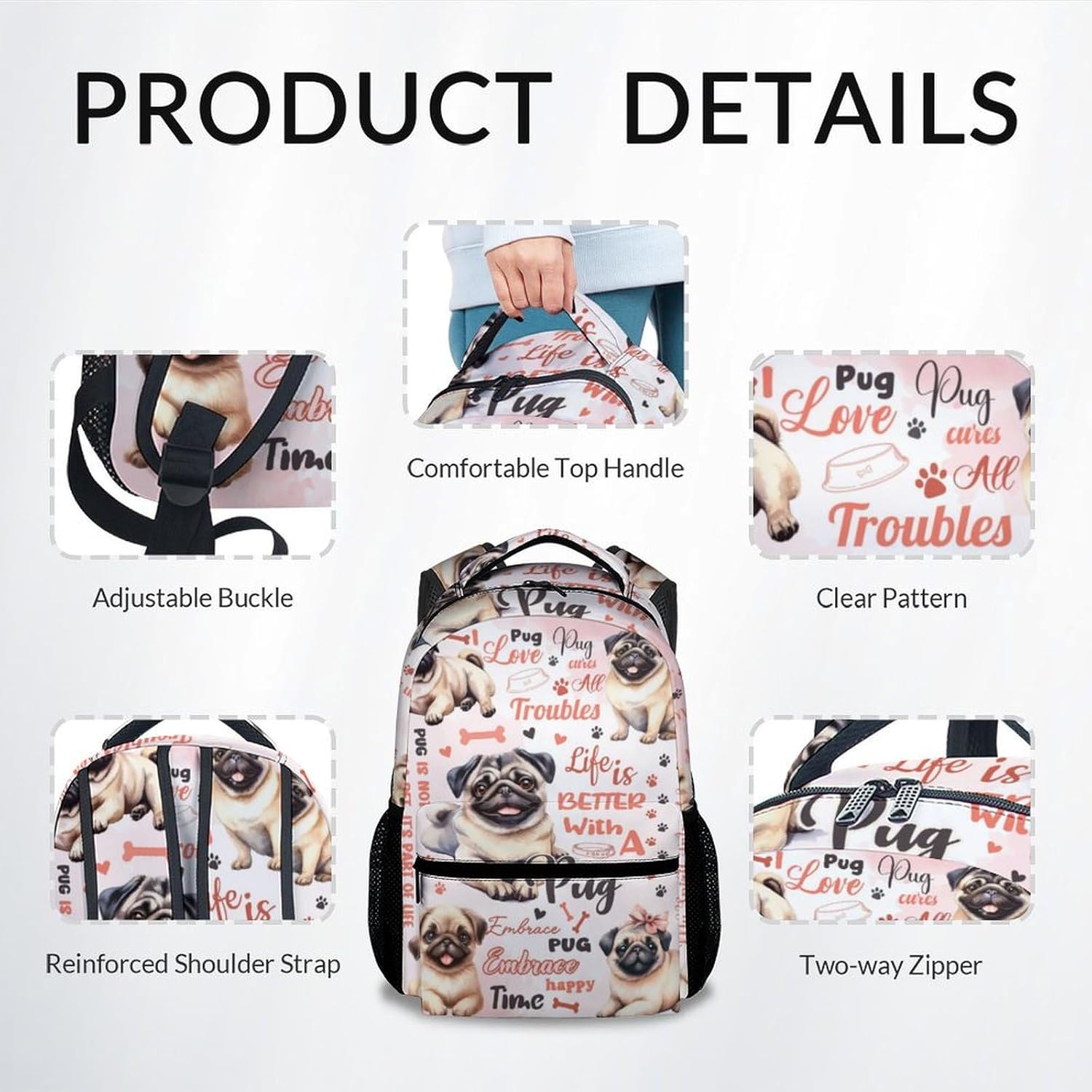 Mercuryelf Backpack for Girls - 17 Inch Pug Backpacks for School - Cute Dog Bookbag for Teen Boys