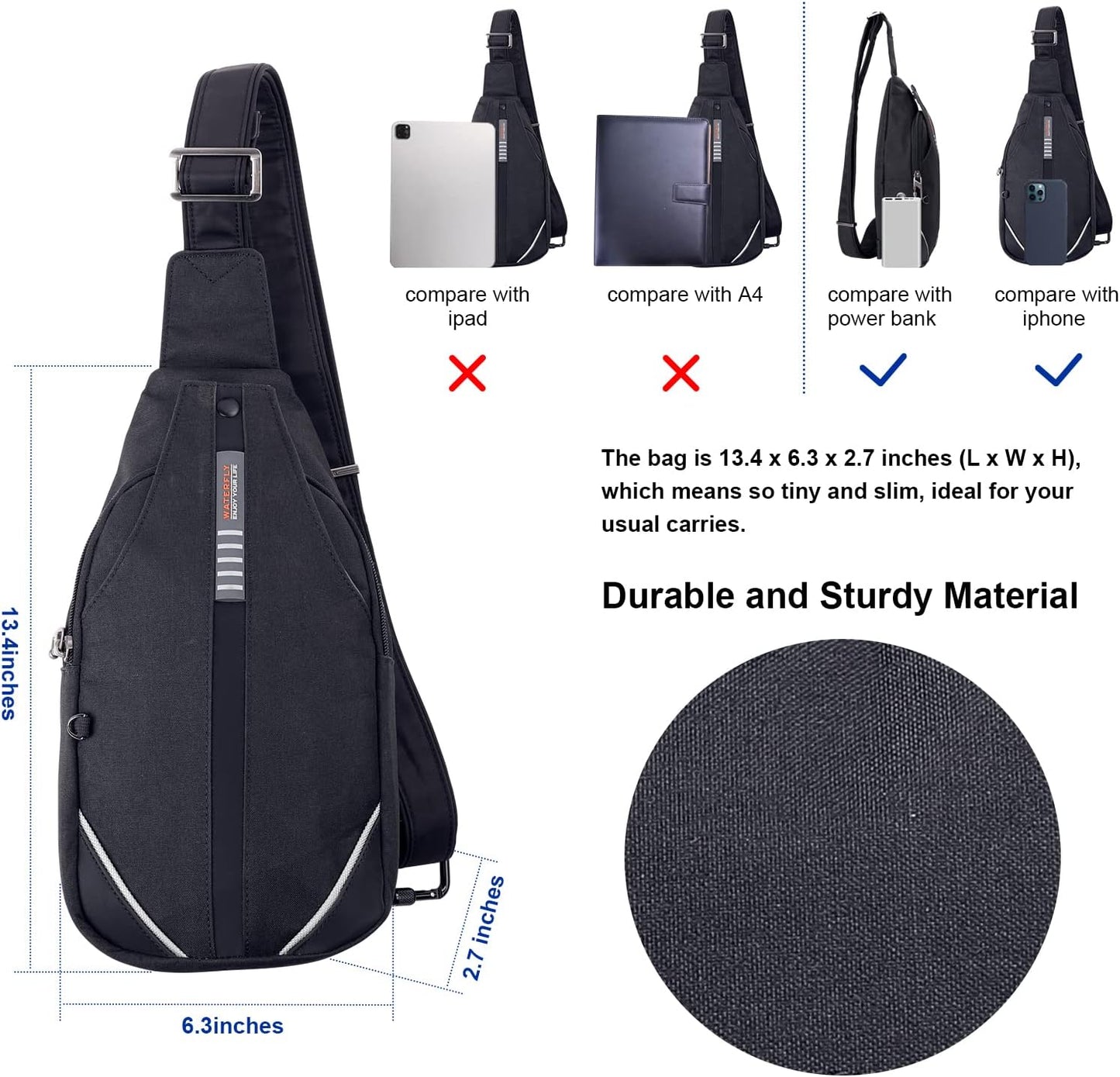 WATERFLY Small Crossbody Sling Backpack Anti Theft Backpack for Traveling Chest Bags for Men&Women