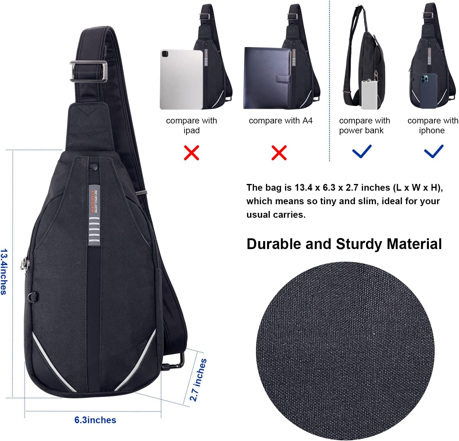 WATERFLY Small Crossbody Sling Backpack Anti Theft Backpack for Traveling Chest Bags for Men&Women