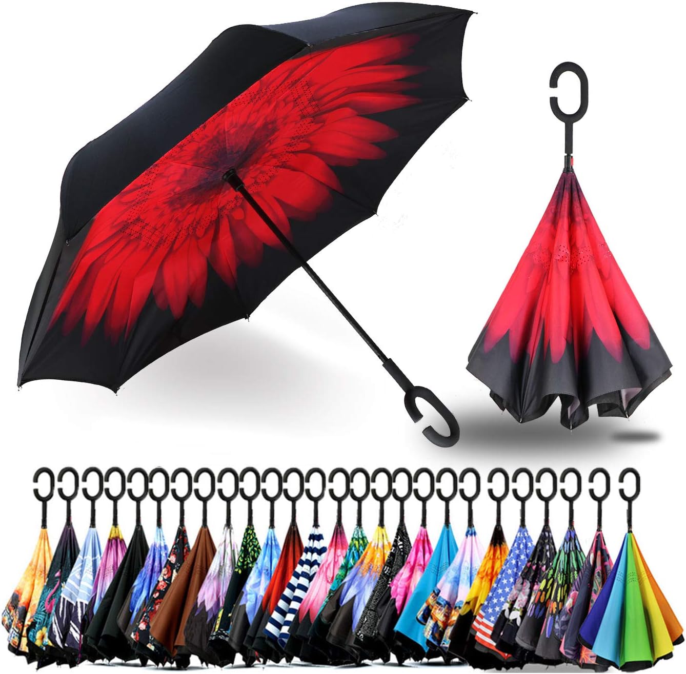 SIEPASA 49/56 Inch Inverted Reverse Upside Down Umbrella, Extra Large Double Canopy Vented Windproof Waterproof Stick Golf Umbrellas with C-shape Handle.