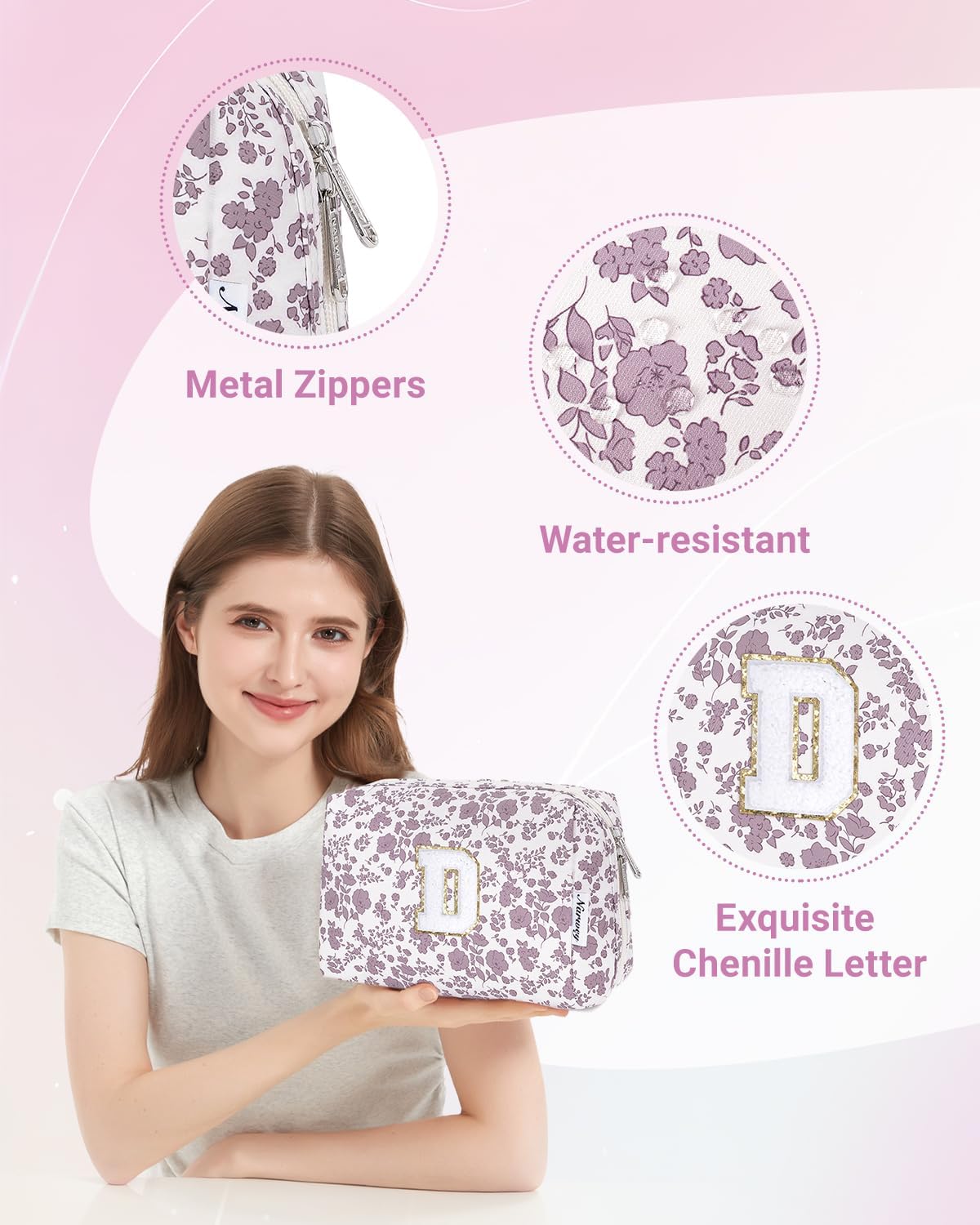 Narwey Birthday Gifts for Teen Girls Kids Women Personalized Initial Floral Makeup Bag Cute