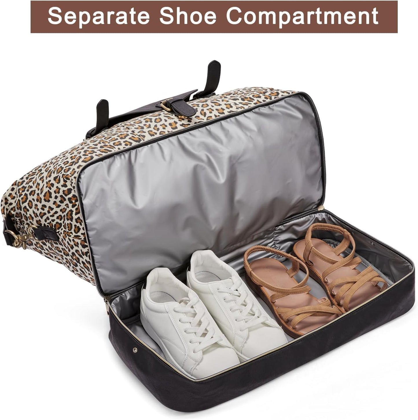 CLUCI Weekender Bag for Women Canvas Large Overnight Travel Duffel Bag with Shoe Compartment Leopard Pattern with Black