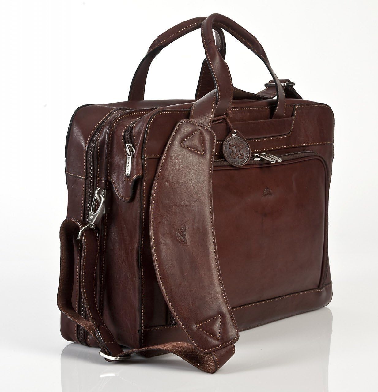 Tony Perotti Mens Italian Cow Leather Napoli Laptop Zip-Around Double Compartment Leather Briefcase