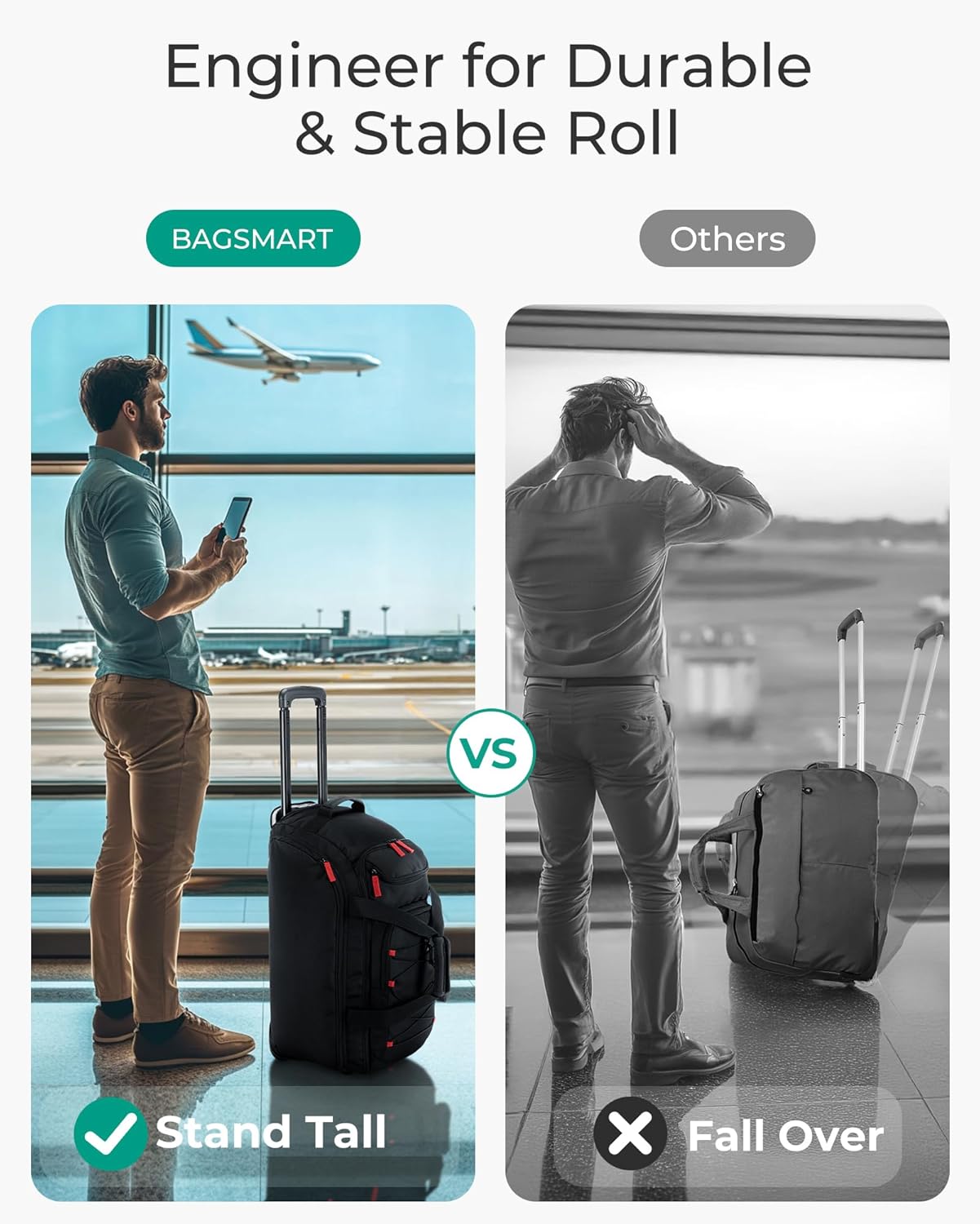 BAGSMART Rolling Duffle Bag with Wheels, 36L Travel Bag with Water-proof Pockets, Airline-Approved Carry On Duffel Bag with Handle, Grey