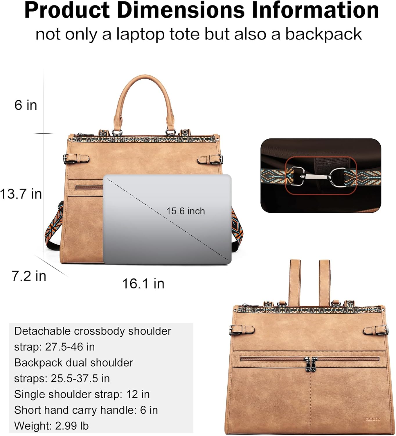 FADEON Laptop Bag for Women Designer PU Leather Large Tote Bags Backpack Purses with 15.6 Laptop Compartment Shoulder Handbag