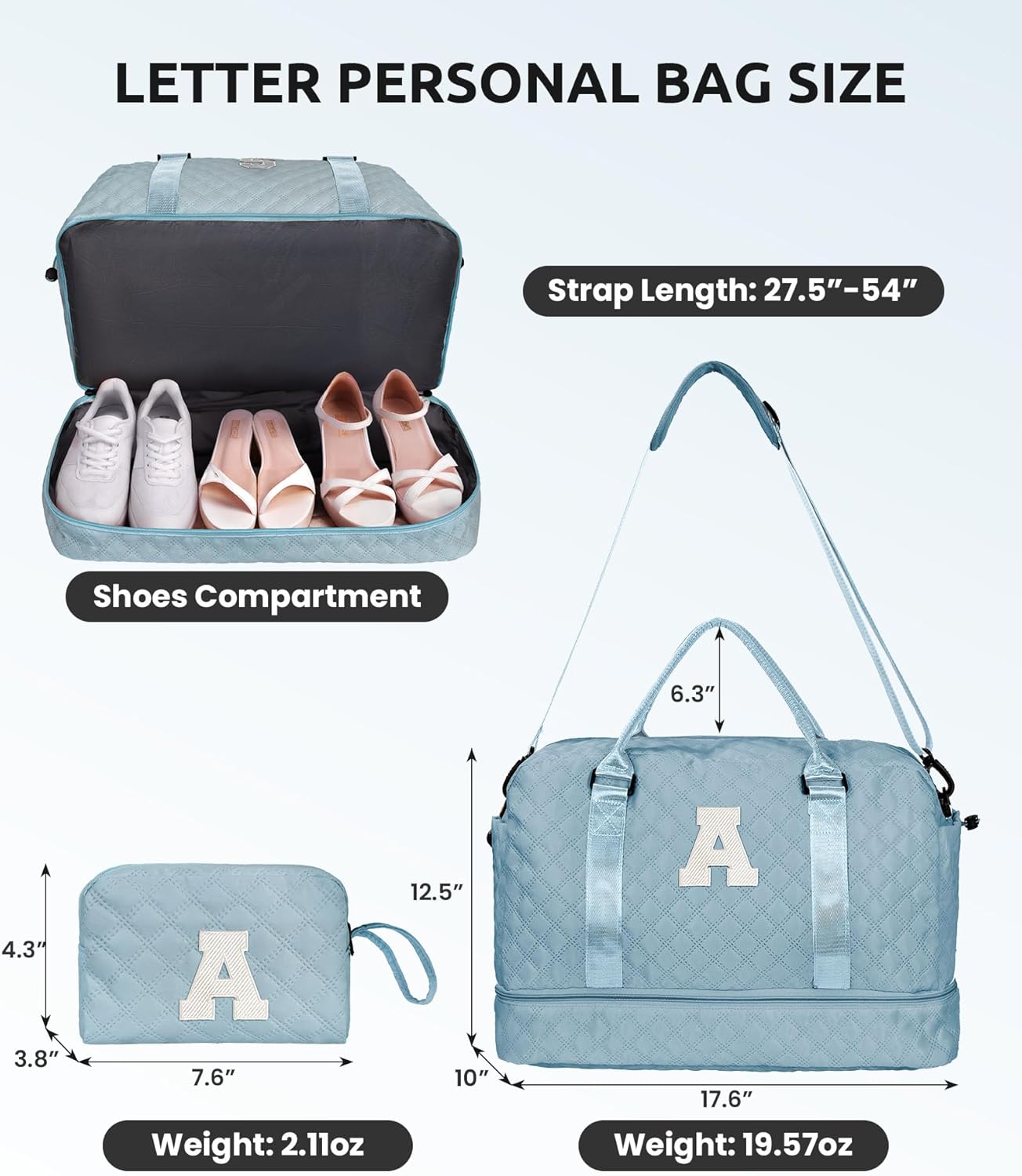 Personalized Kids Weekender Bag - Monogram Overnight Travel Duffel with Shoe Compartment, Makeup Bag, Sister, Friend, Girlfriend Gifts (Light Blue, M)