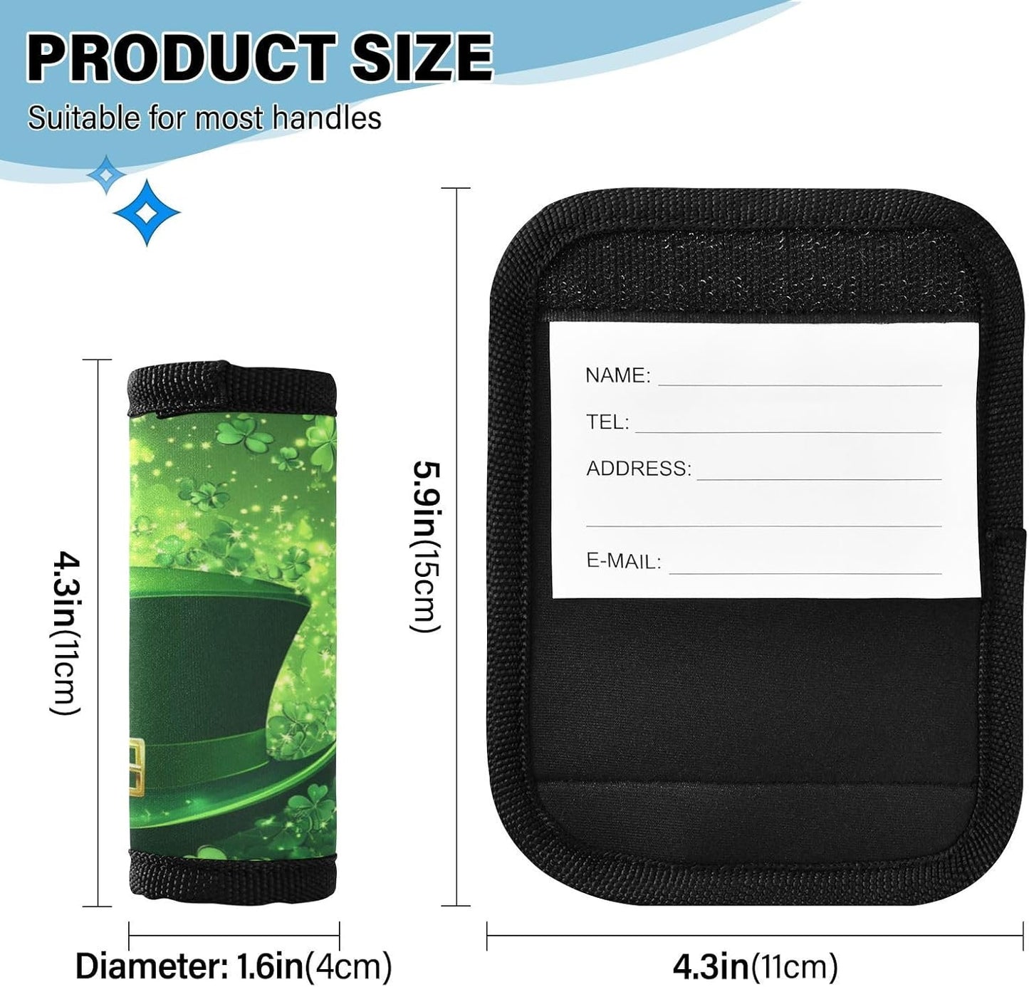 St. Patrick's Day Hat Clovers Glow 2 Pack Luggage Handle Wraps Covers for Suitcase Identifiers Bag Tags Travel Accessories