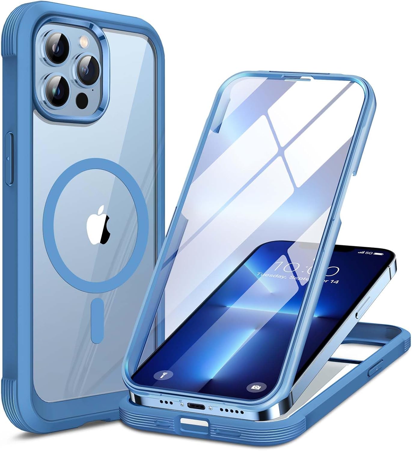 Miracase Magnetic for iPhone 13 Pro Max Case 6.7 inch, (Compatible with MagSafe) Upgrade Full-Body Clear Phone Bumper Case with Built-in 9H Tempered Glass Screen Protector, Magnetic Capri Blue
