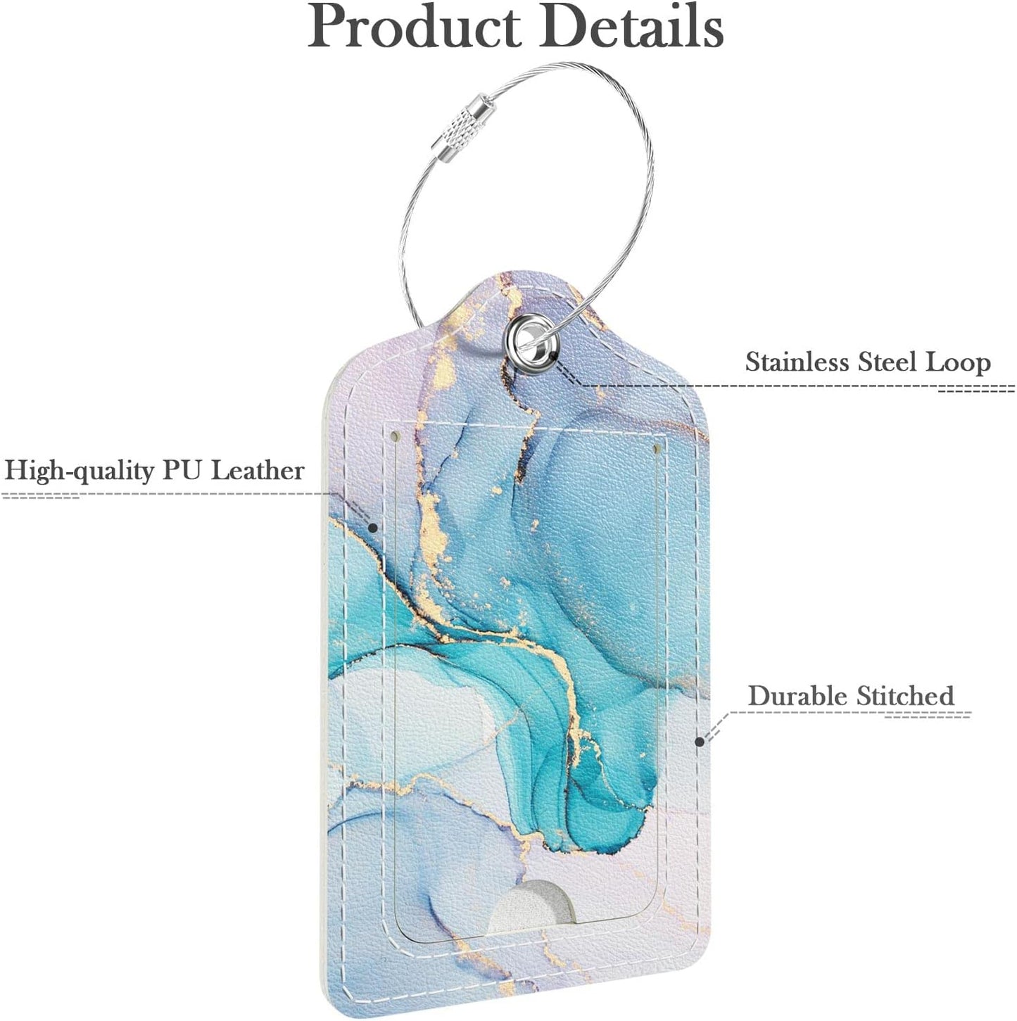 Luggage Tags for Suitcase, 2 Pack PU Leather Travel Cruise Luggage Tag with Privacy Flap, Name ID Label and Metal Loop for Women Men Suitcase Baggage Bag Backpack Instrument, Teal Blue Marble
