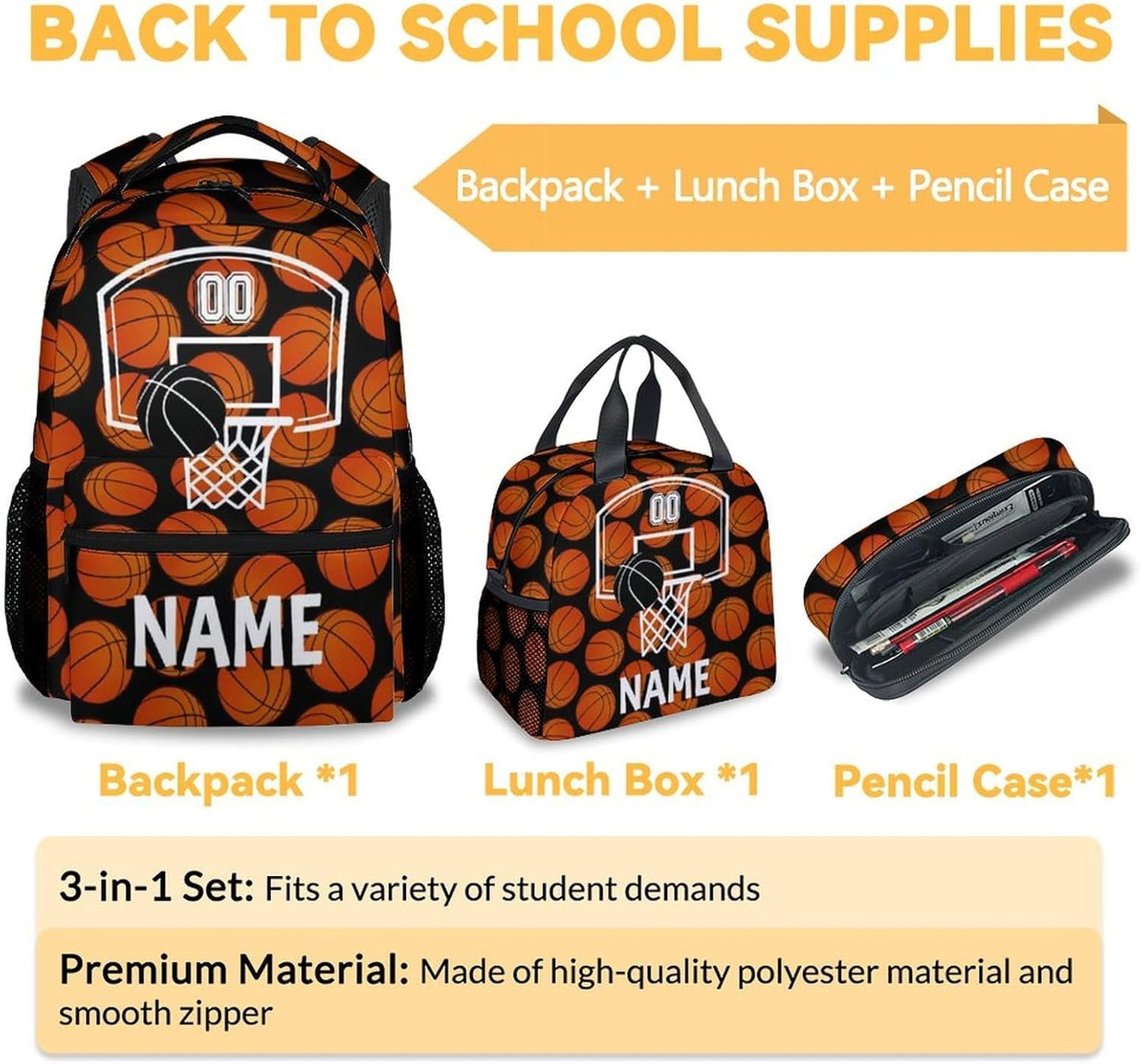 Mercuryelf Custom Basketball Backpack with Lunch Box And Pencil Case, Personalized Elementary Kindergarten School Preschool Bookbag for Boys Girls Kids, Set of 3