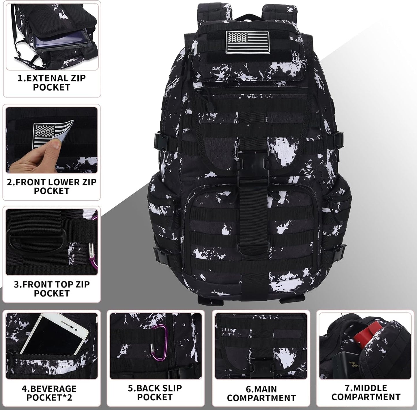 50L Military Tactical Backpack 3 Day Assault Pack Molle Daypack Hiking Backpack for Men and Women (Black-White Lightning)
