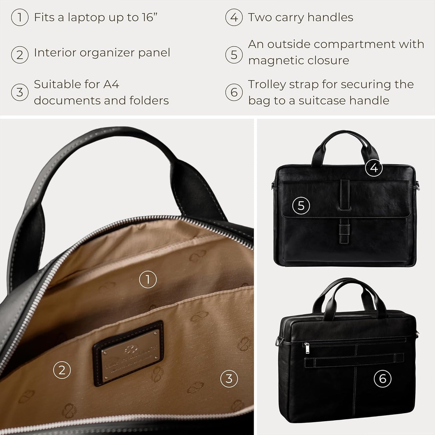 Time Resistance Leather Briefcase - Italian Handmade Leather Laptop Bag - Handbag for Men and Women