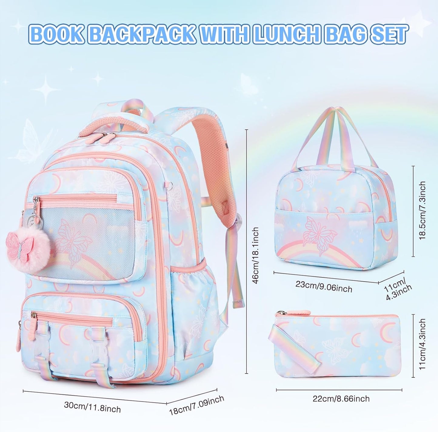 Backpack for Girls, Rainbow Butterfly Girls Backpacks with Lunch Bag Pencil Case Set, Kids Backpack